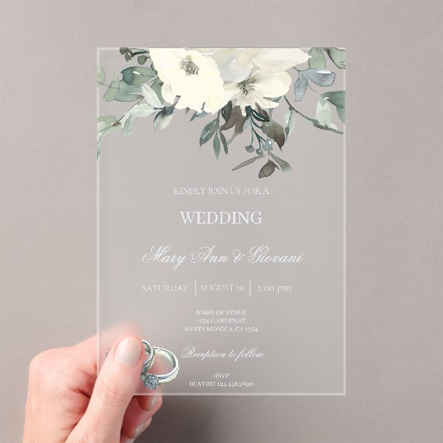 White Floral with gold ring Wedding Acrylic Invita Acrylic Invitations (Insitu (Handheld))
