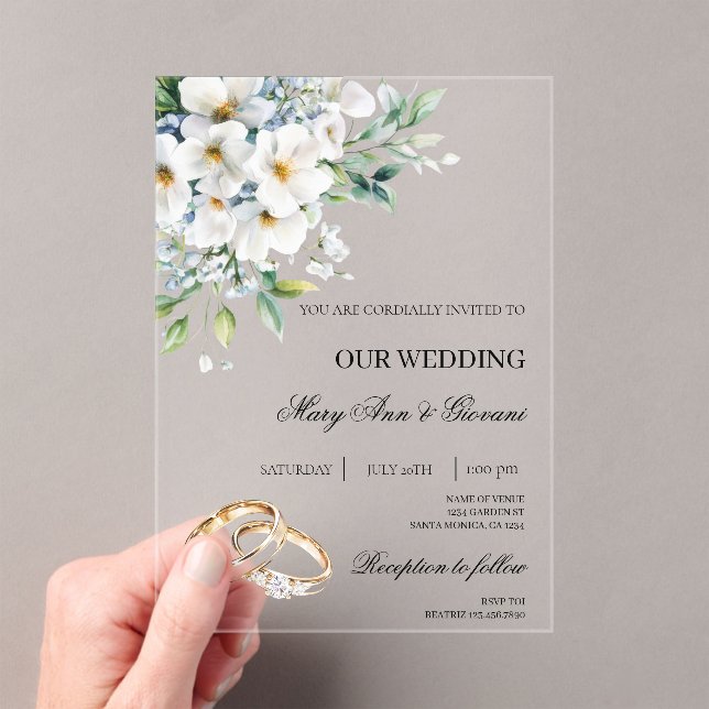 White Floral with gold ring Wedding Acrylic Invitations (Insitu (Handheld))