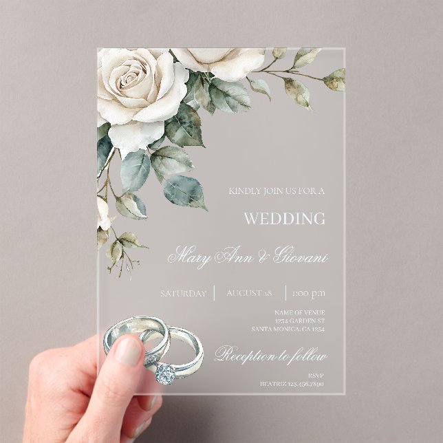 White Floral with gold ring Wedding Acrylic Invitations (Insitu (Handheld))