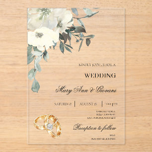 White Floral with gold ring Wedding Acrylic Invitations