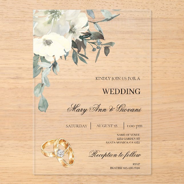 White Floral with gold ring Wedding Acrylic Invitations (Front)