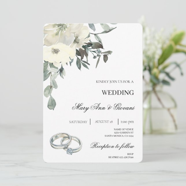 White Floral with gold ring Wedding Invitation (Standing Front)