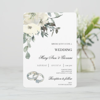 White Floral with gold ring Wedding Invitation
