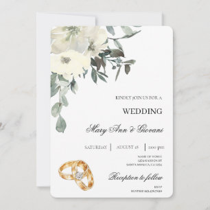 White Floral with gold ring Wedding Invitation