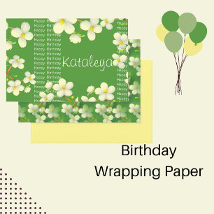 White Floral with green background birthday Wrapping Paper Sheet