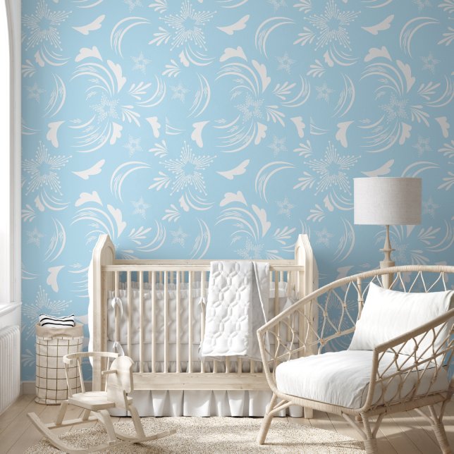 White Floral with Light Blue Background Wallpaper (Kids)