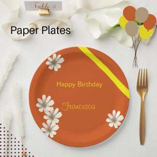 White Floral with orange background birthday Paper Plate