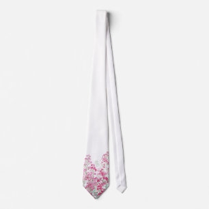 White Floral with Pink Wildflowers Patterned Tie