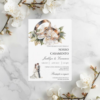 White Floral with ring Portuguese Wedding Invitation