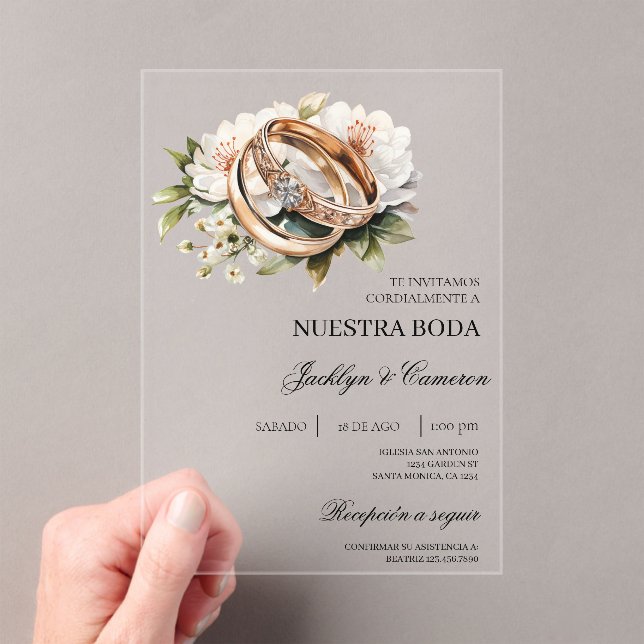 White Floral with ring Spanish Wedding Acrylic Invitations (Insitu (Handheld))