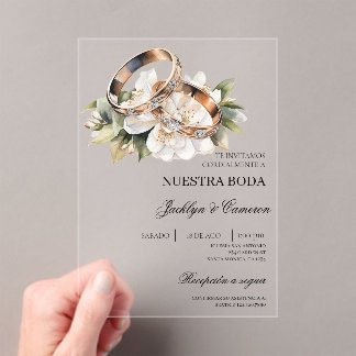 White Floral with ring Spanish Wedding acrylic Invitations