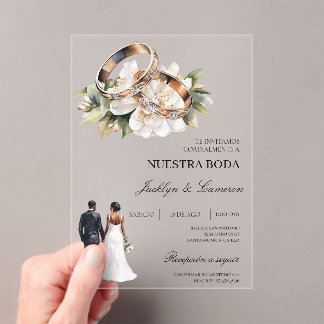White Floral with ring Spanish Wedding Acrylic Invitations