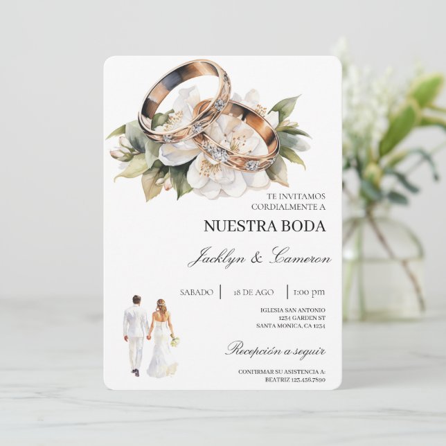 White Floral with ring Spanish Wedding Invitation (Standing Front)