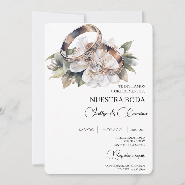 White Floral with ring Spanish Wedding Invitation (Front)