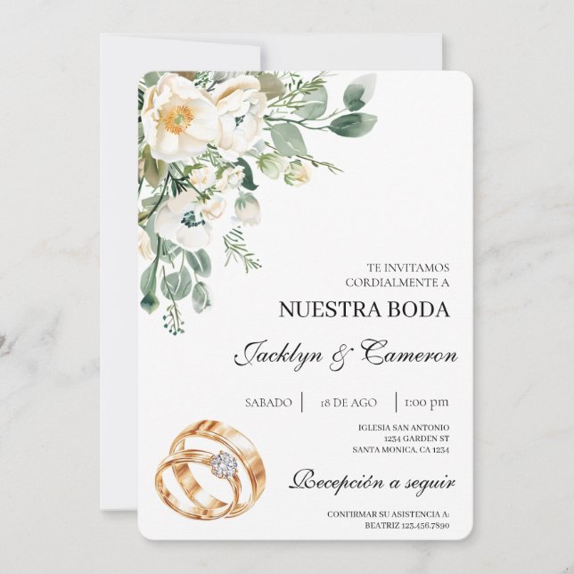 White Floral with ring Spanish Wedding Invitation (Front)