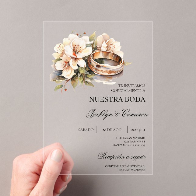 White Floral with ring Spanish Wedding Invitation (Insitu (Handheld))