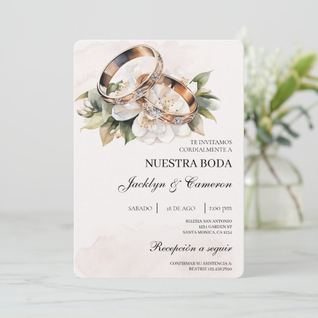 White Floral with ring Spanish Wedding Invitation (Standing Front)