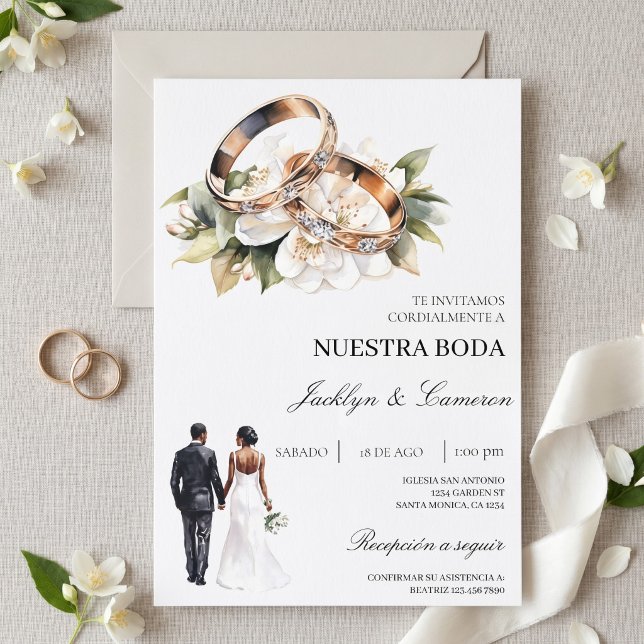 White Floral with ring Spanish Wedding Invitation (Creator Uploaded)