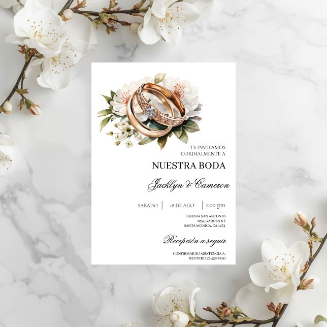 White Floral with ring Spanish Wedding Invitation (Creator Uploaded)