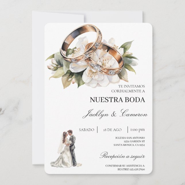 White Floral with ring Spanish Wedding Invitation (Front)