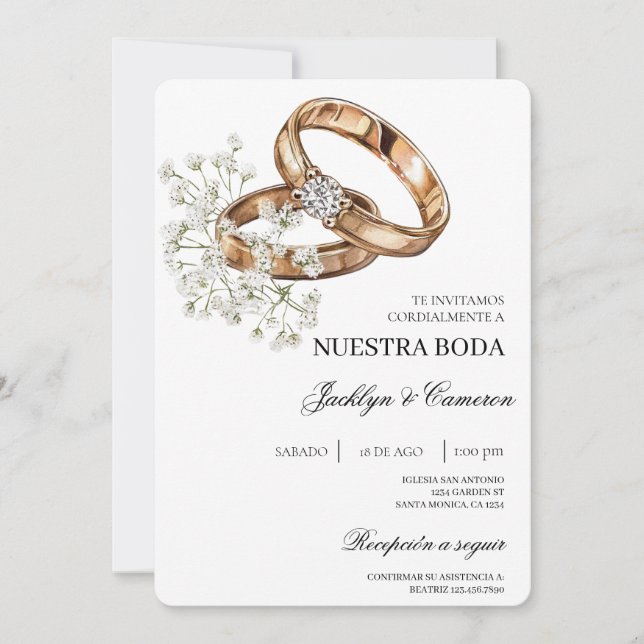 White Floral with ring Spanish Wedding Invitation (Front)