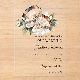 White Floral with ring Wedding Acrylic Invitations
