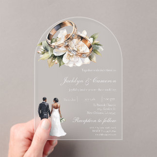 White Floral with ring Wedding Acrylic Invitations