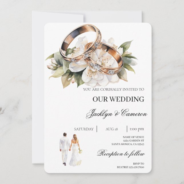 White Floral with ring Wedding Invitation (Front)