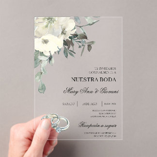 White Floral with silver ring Spanish Wedding Acrylic Invitations