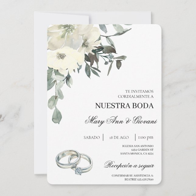 White Floral with silver ring Spanish Wedding Invitation (Front)