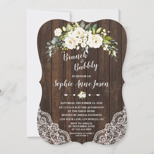 White Floral Wood Brunch and Bubbly Bridal Shower Invitation (Front)