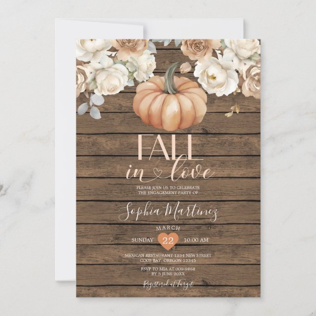 White Floral Wood Fall In Love Engagement Party Invitation (Front)