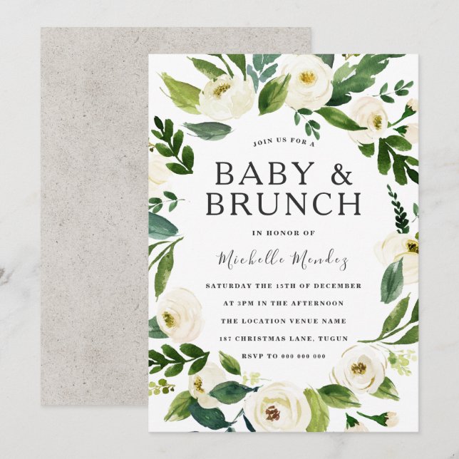 White Floral Wreath Baby Shower Brunch Invitation (Front/Back)