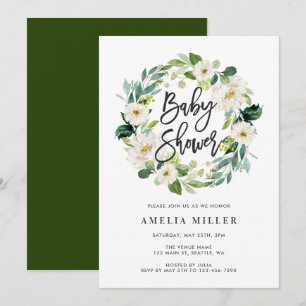 White Floral Wreath Baby Shower Invitation