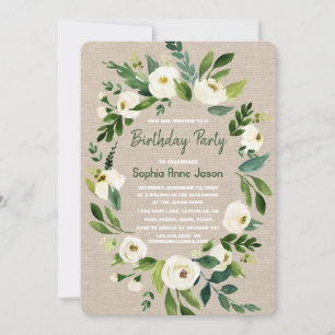 White Floral Wreath Burlap Handwriting Birthday Invitation