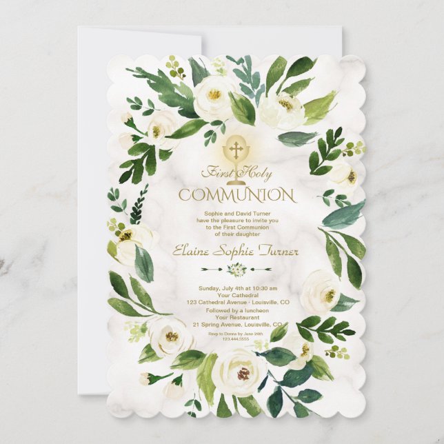White Floral Wreath Cross Marble Holy Communion Invitation (Front)