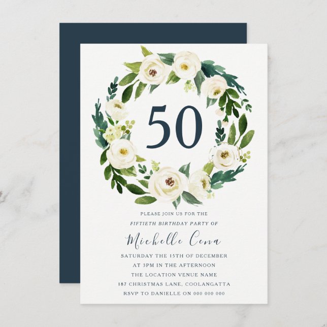White Floral Wreath Green 50th Birthday Party Invitation (Front/Back)