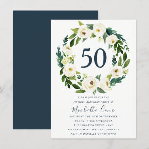 White Floral Wreath Green 50th Birthday Party Invitation