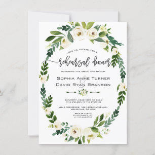 White Floral Wreath Handwriting Rehearsal Dinner Invitation