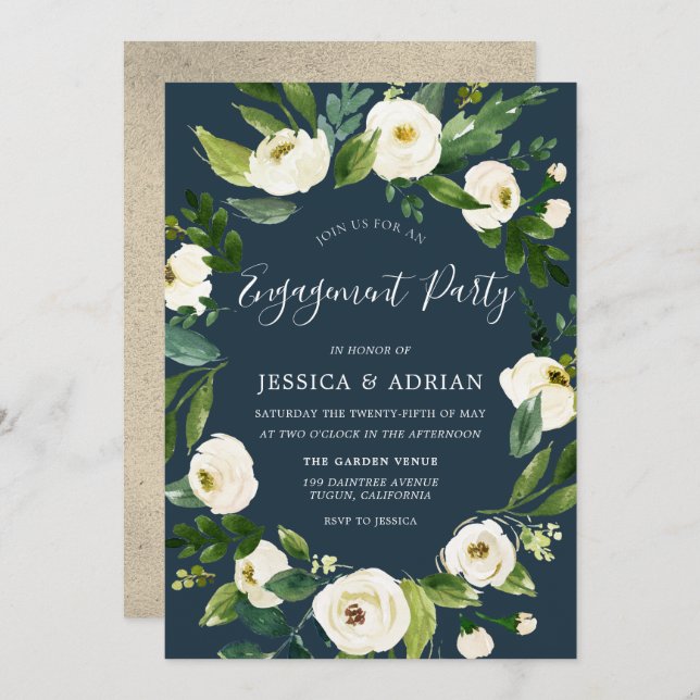 White Floral Wreath Modern Engagement Party Invite (Front/Back)