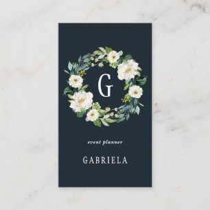 White Floral Wreath Monogram Business Card