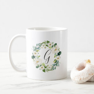 White Floral Wreath Monogram Coffee Mug