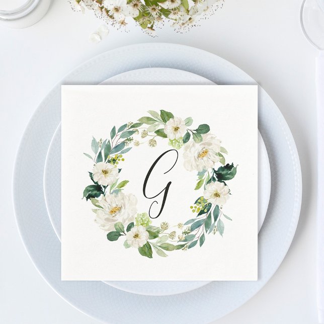 White Floral Wreath Monogram Napkin (Creator Uploaded)