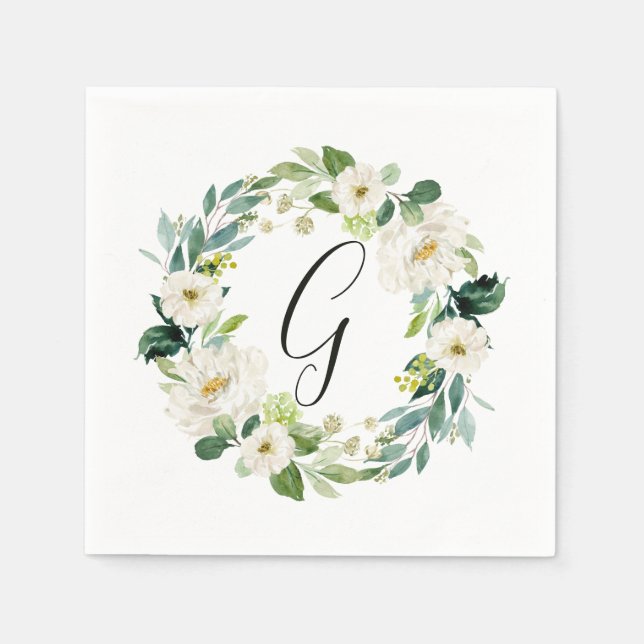 White Floral Wreath Monogram Napkin (Front)