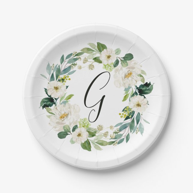 White Floral Wreath Monogram Paper Plate (Front)