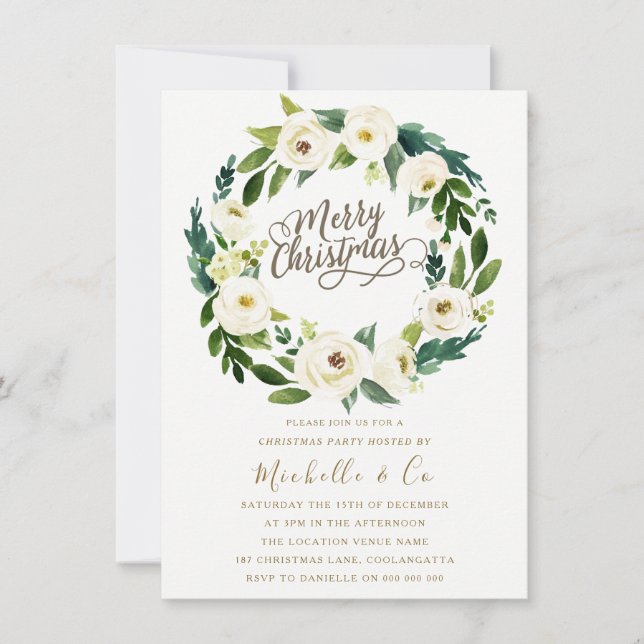White Floral Wreath Office Family Christmas Party Invitation (Front)
