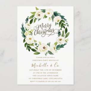White Floral Wreath Office Family Christmas Party Invitation
