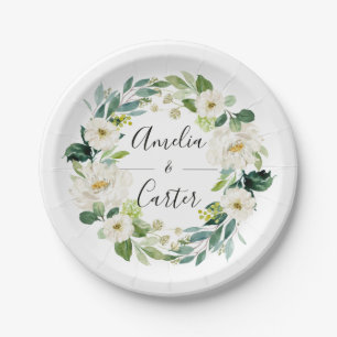 White Floral Wreath Wedding Paper Plate
