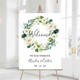 White Floral Wreath Wedding Welcome Sign
