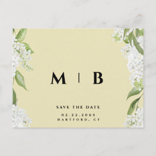 White Floral Yellow Monogram Wedding Save Date  Postcard